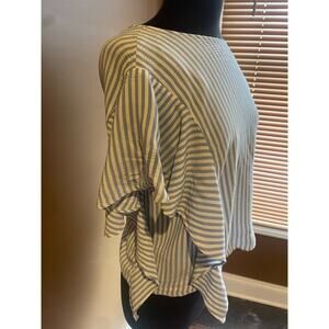 Blue White Striped Trendy Spring Top Ruffle Flowy Sleeves Large